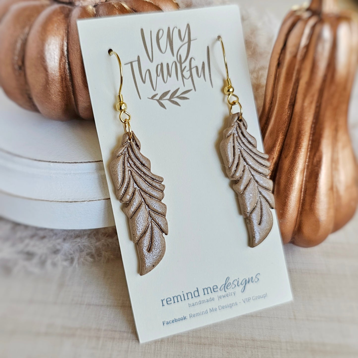 Tan Light Brown Feather Clay Dangles