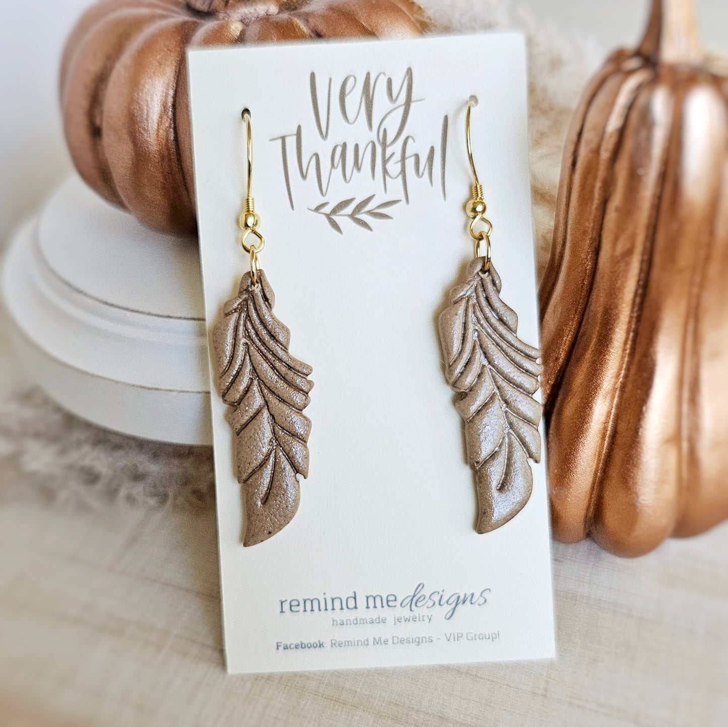 Tan Light Brown Feather Clay Dangles
