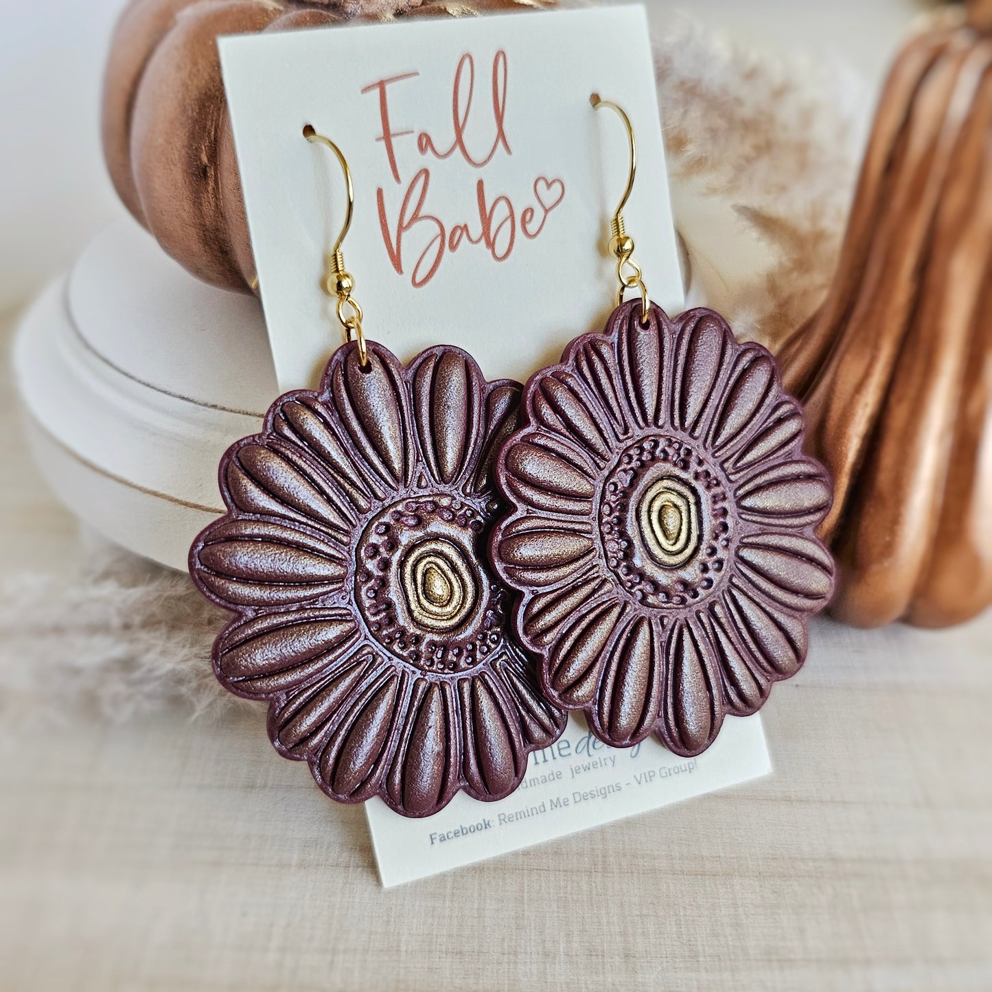 Large Mulberry Purple Flower Clay Dangle Earrings