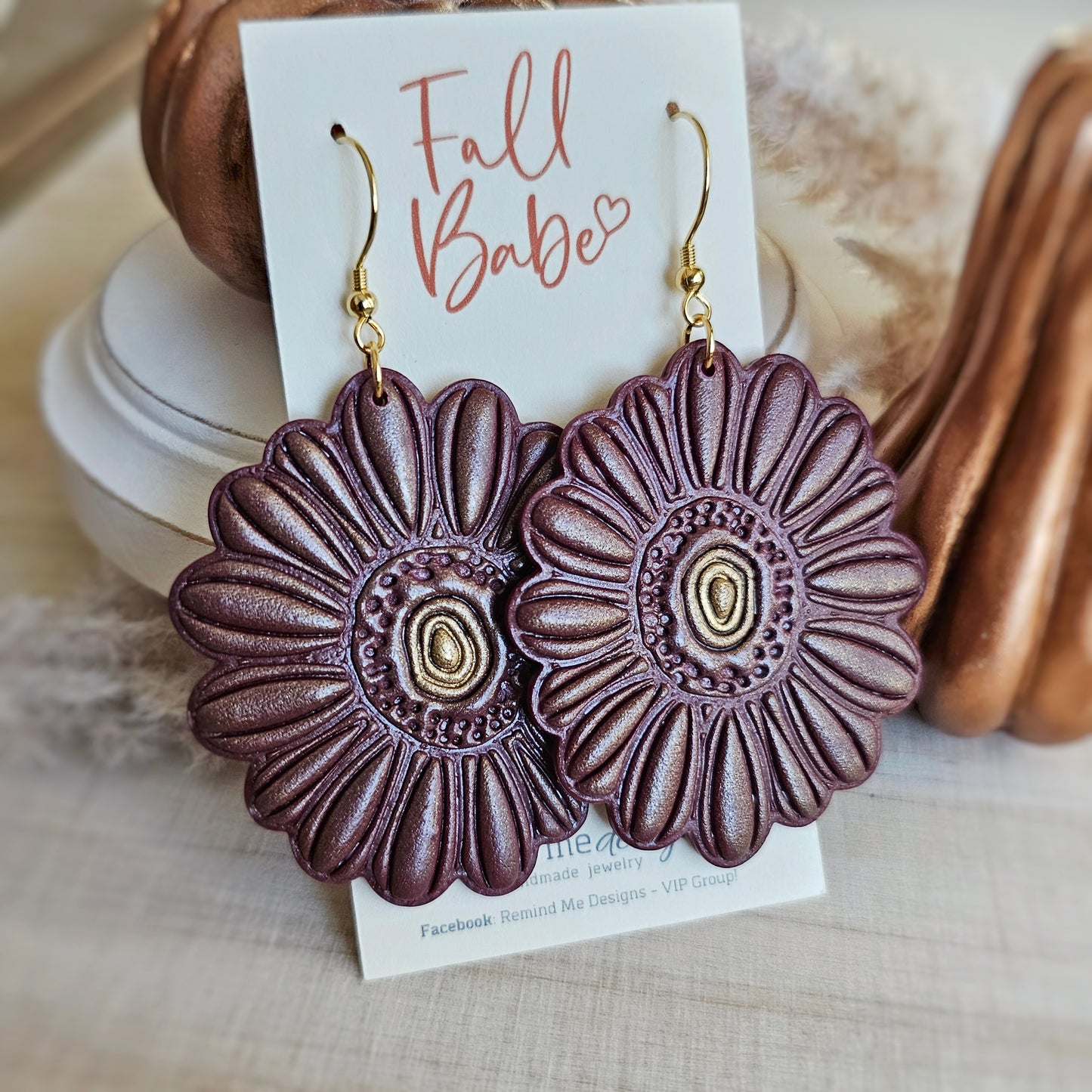 Large Mulberry Purple Flower Clay Dangle Earrings