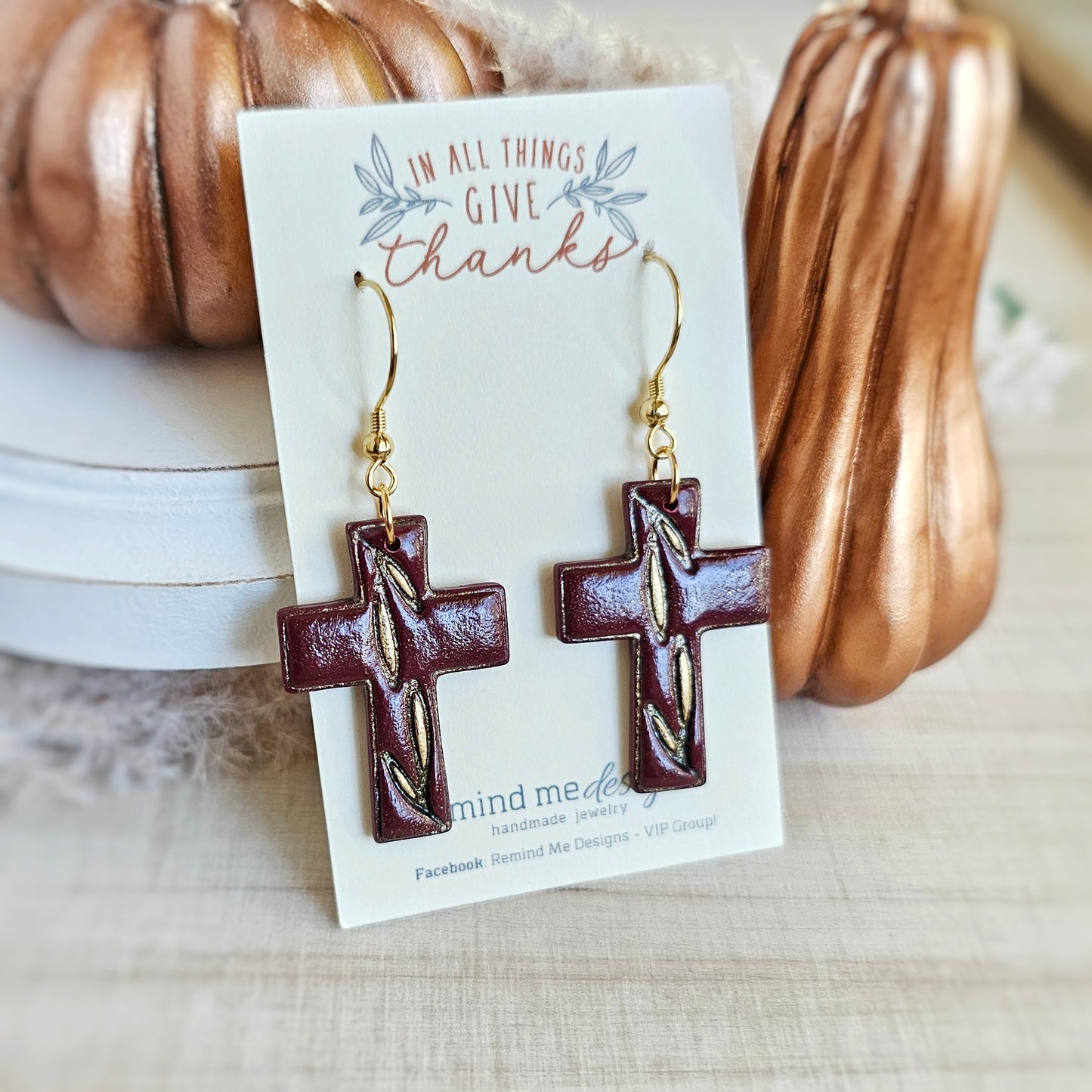 Mulberry Purple Cross Clay Dangle Earrings