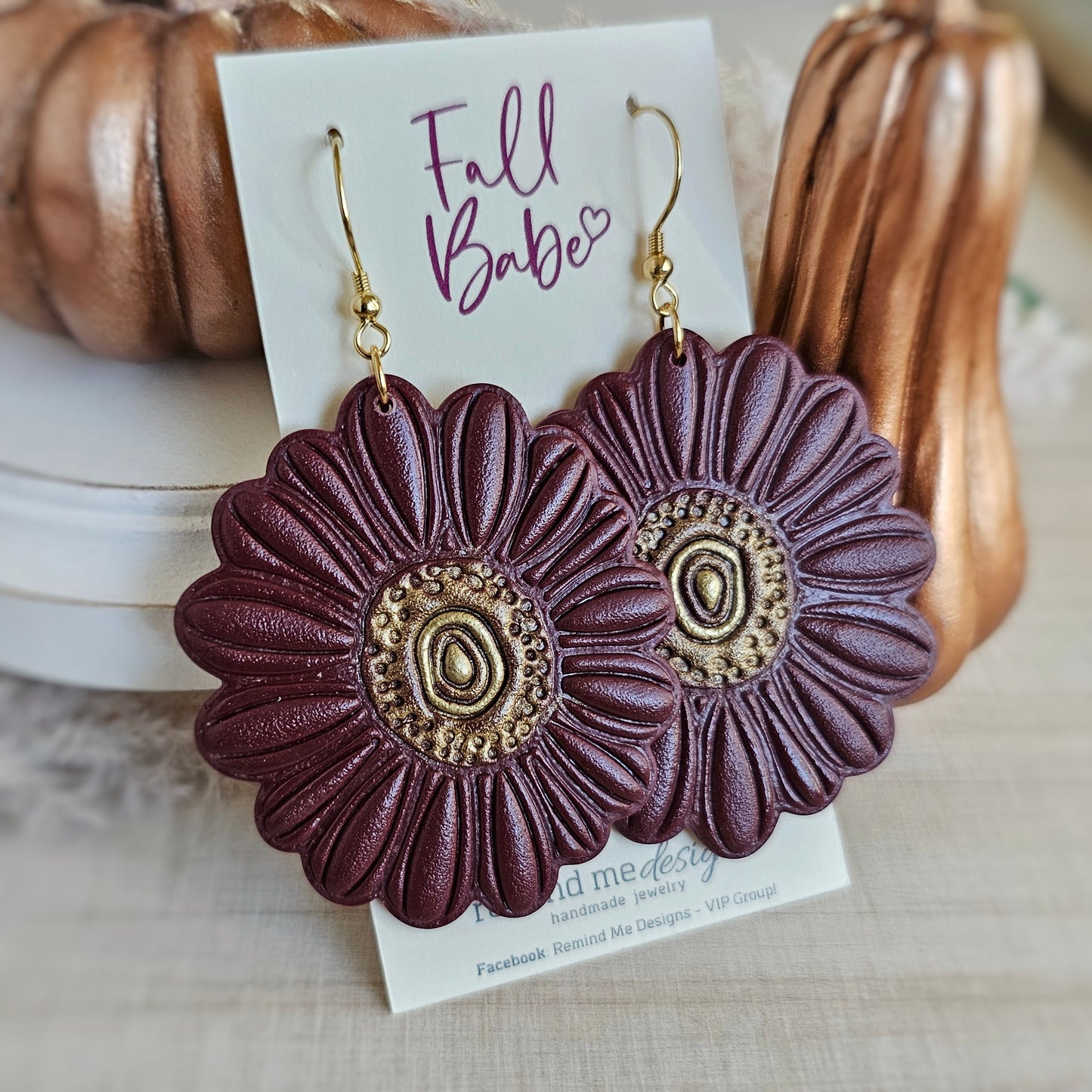Large Mulberry Purple Flower Clay Dangle Earrings