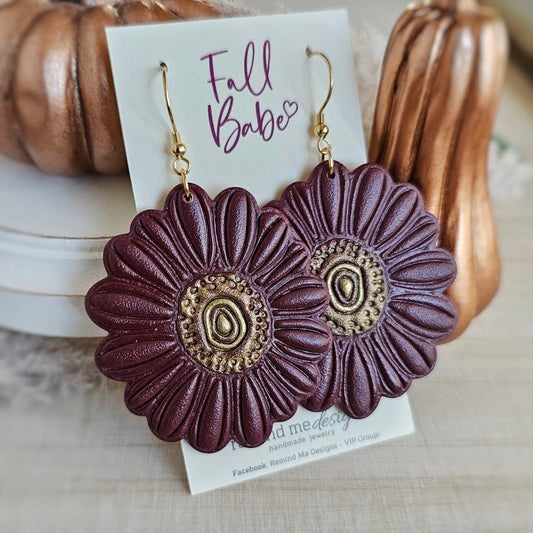 Large Mulberry Purple Flower Clay Dangle Earrings
