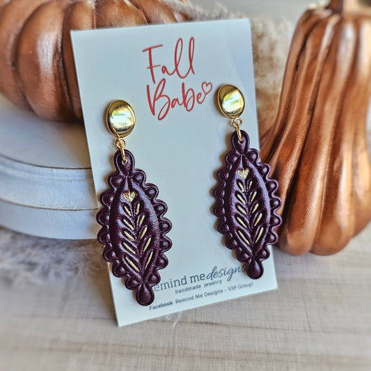 Dark Wine Purple Floral Clay Dangle Earrings