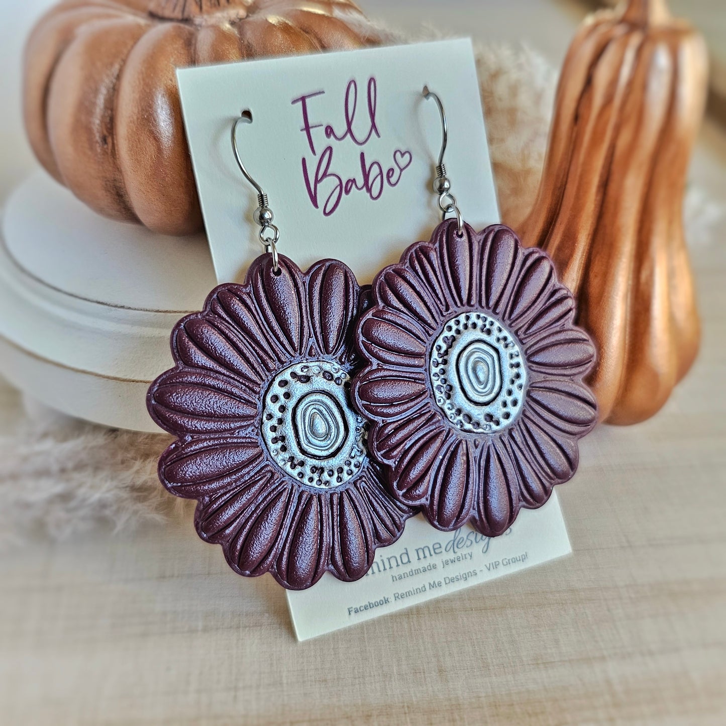 Large Dark Wine Purple Flower Clay Dangle Earrings