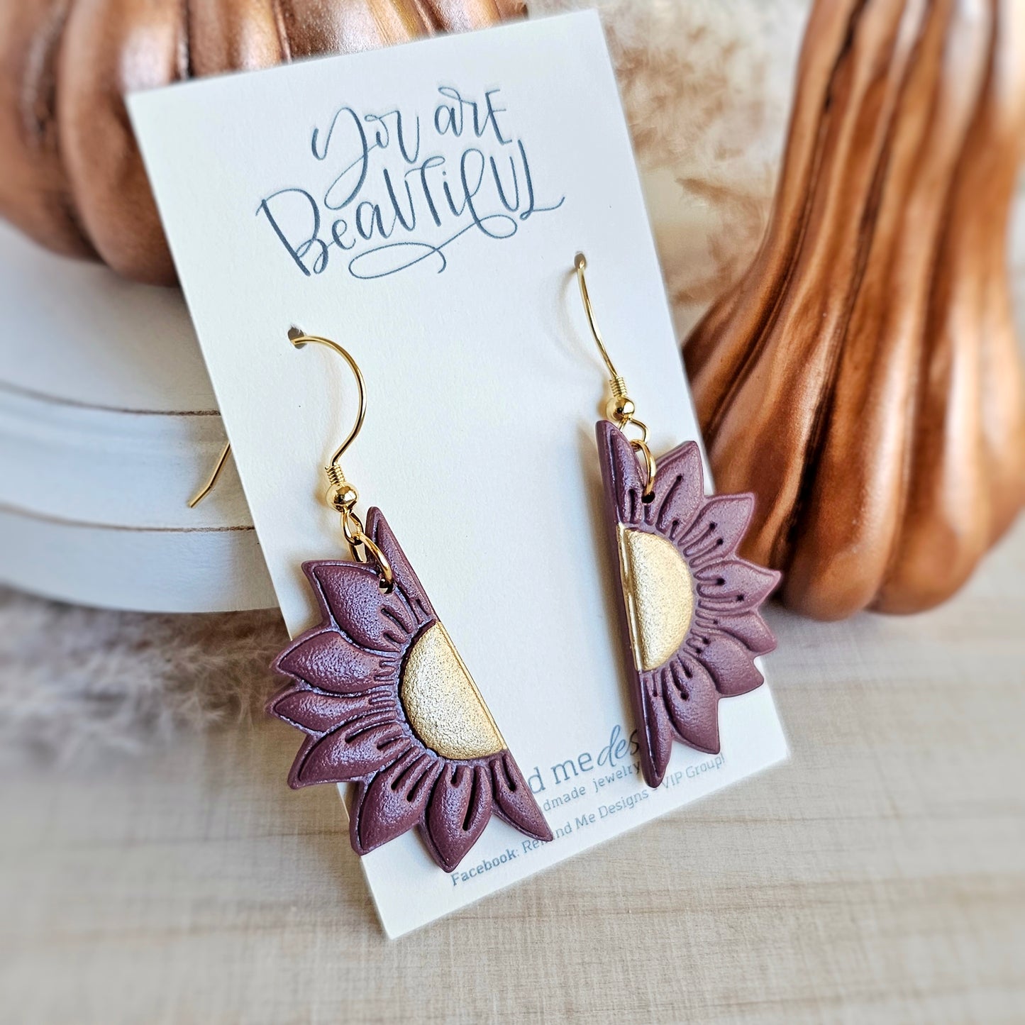 Gold and Mauve Purple Clay Dangle Earrings