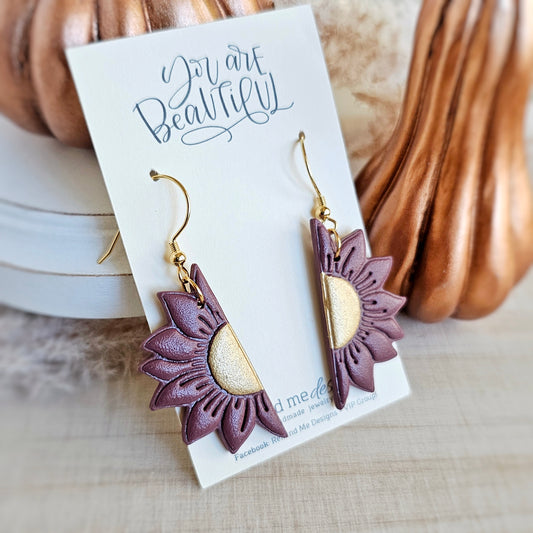 Gold and Mauve Purple Clay Dangle Earrings