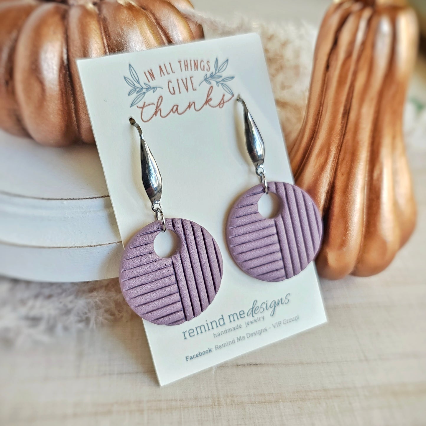Heather Light Purple Circle Clay Dangle Earrings