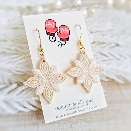 Cream Glitter Snowflake Christmas Dangle Earrings