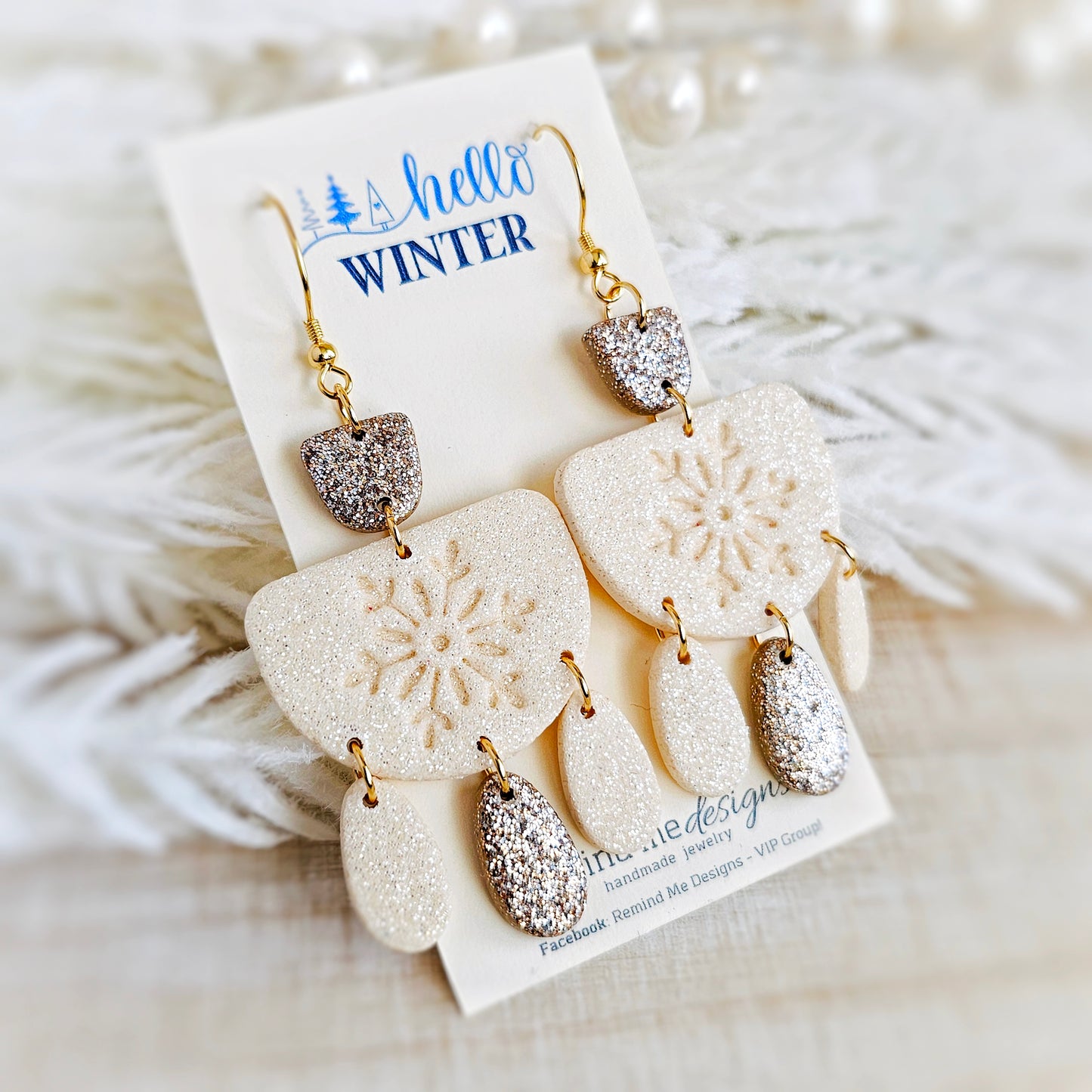 Cream and Gold Glitter Christmas Dangle Earrings