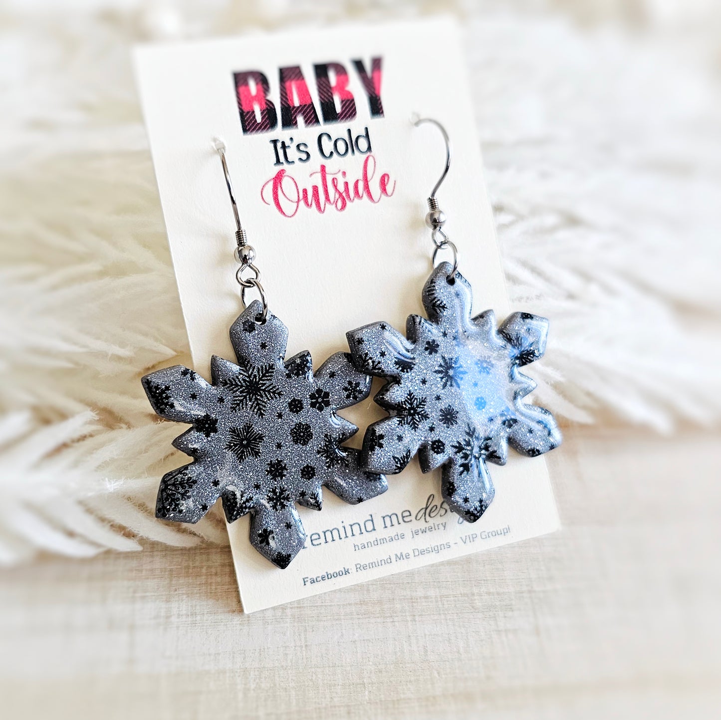 Silver and Black Snowflake Dangle Earrings