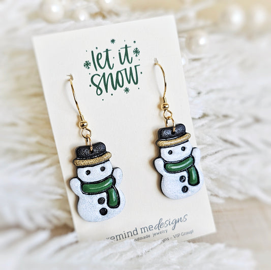 Green Scarf Snowman Dangle Earrings