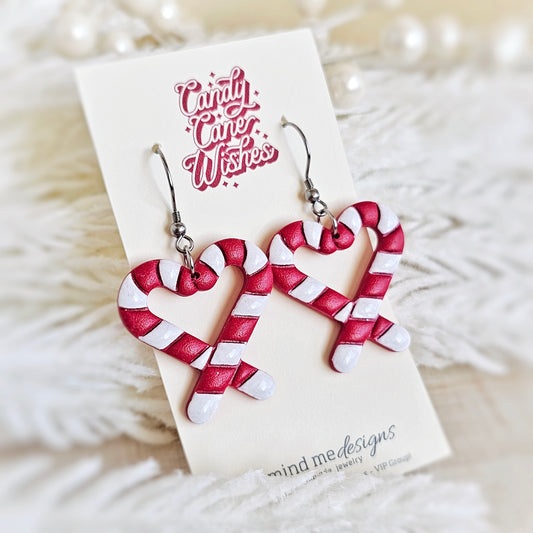 Red and White Candy Cane Heart Dangle Earrings