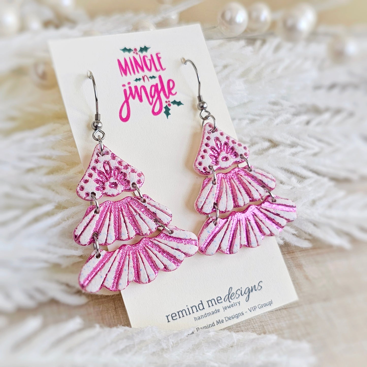 Pink Foil Christmas Tree Dangle Earrings