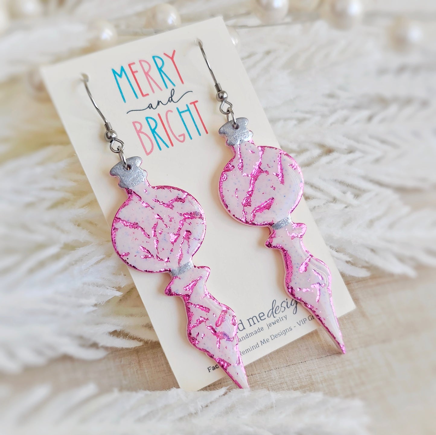 Pink Foil Christmas Ornament Dangle Earrings