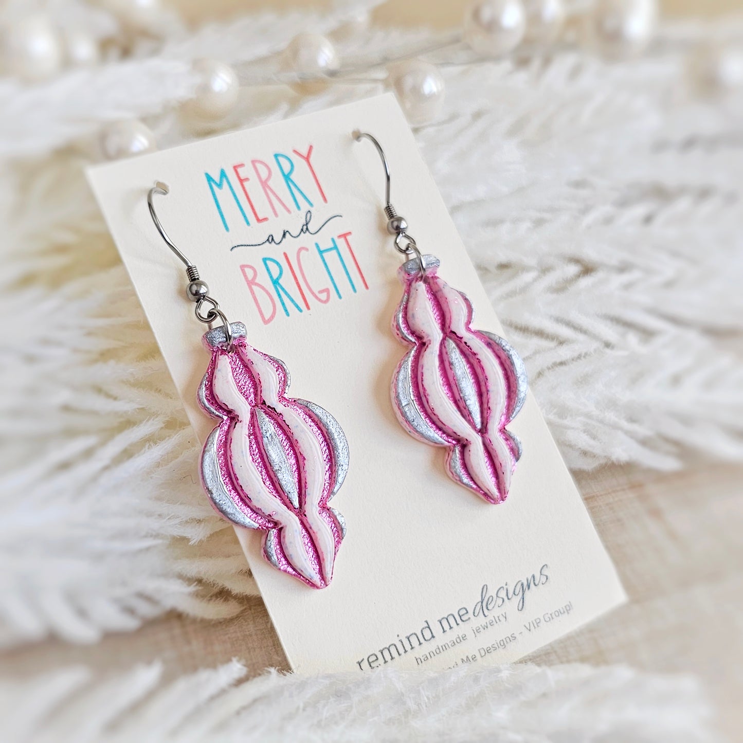 Pink Foil Christmas Ornament Dangle Earrings