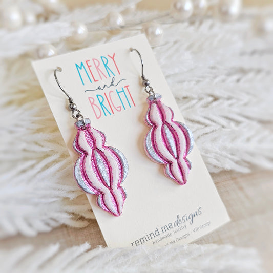 Pink Foil Christmas Ornament Dangle Earrings