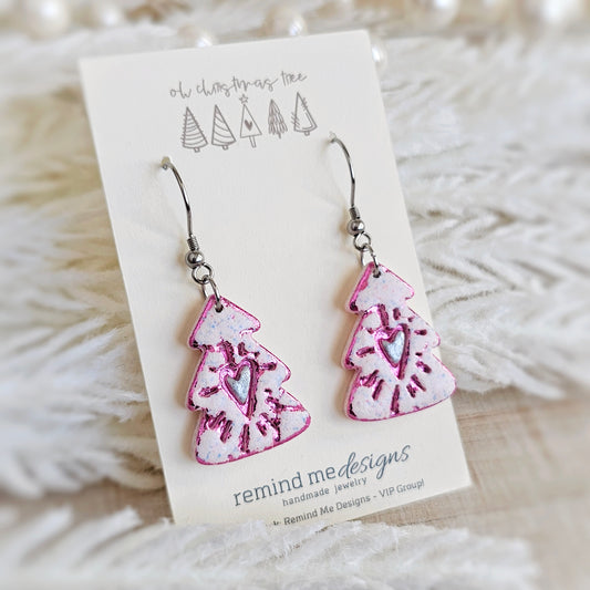 Pink Foil Christmas Tree Dangle Earrings