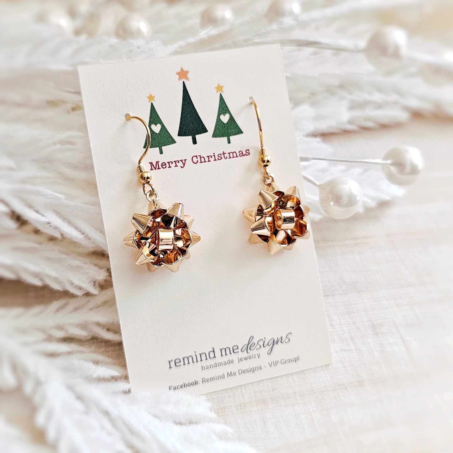 Gold Metal Christmas Gift Bow Dangle Earrings