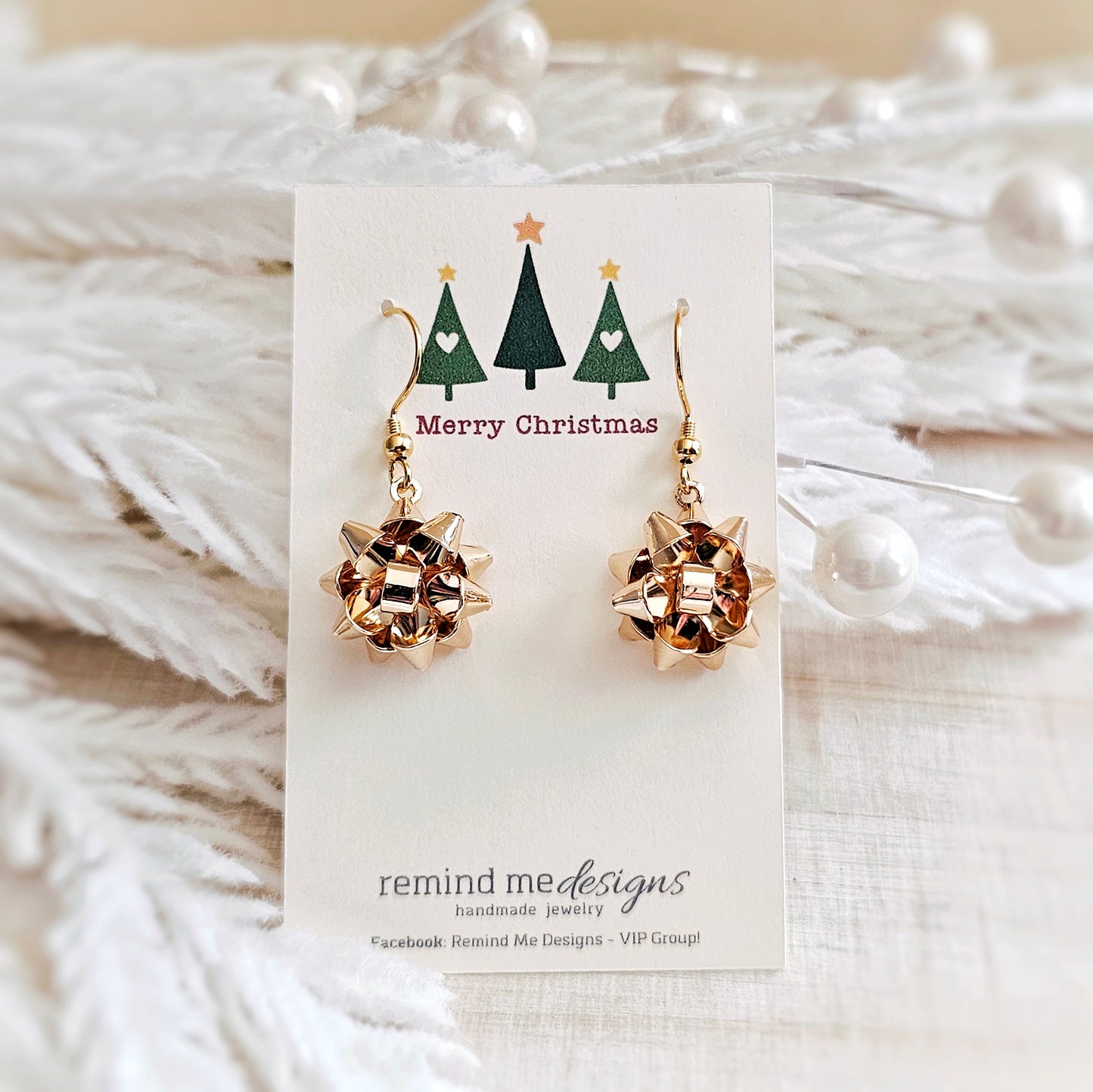 Gold Metal Christmas Gift Bow Dangle Earrings