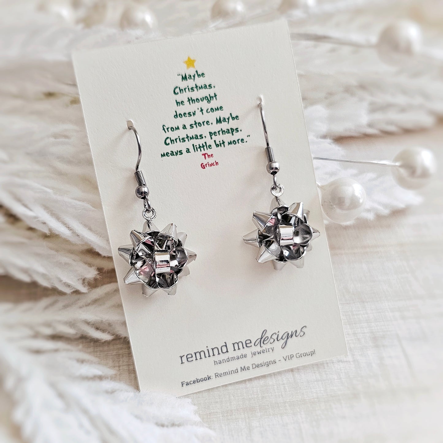 Silver Metal Christmas Gift Bow Dangle Earrings