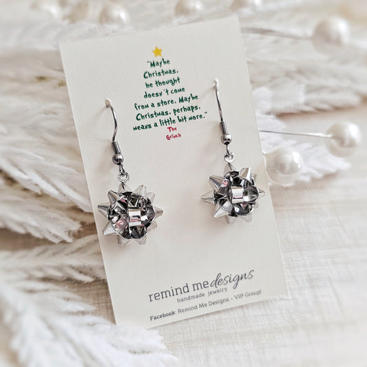 Silver Metal Christmas Gift Bow Dangle Earrings