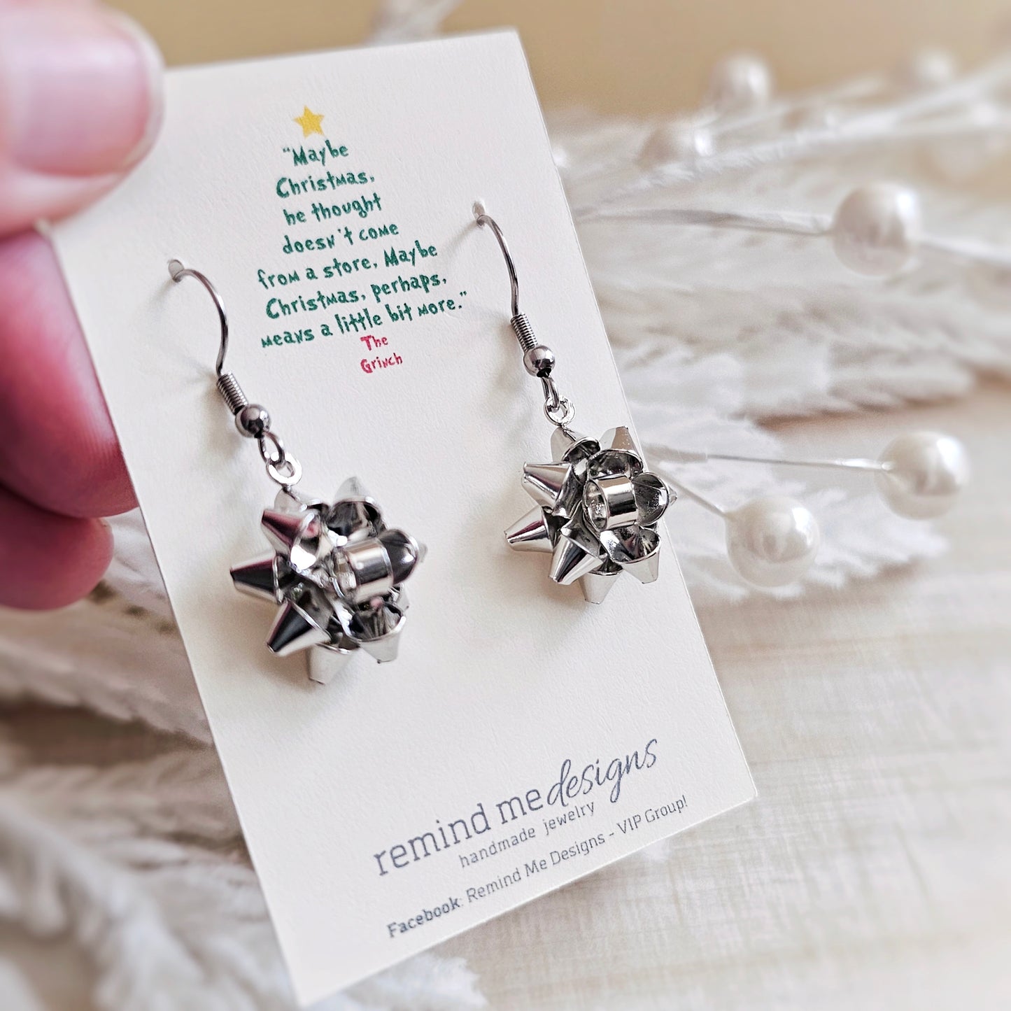 Silver Metal Christmas Gift Bow Dangle Earrings