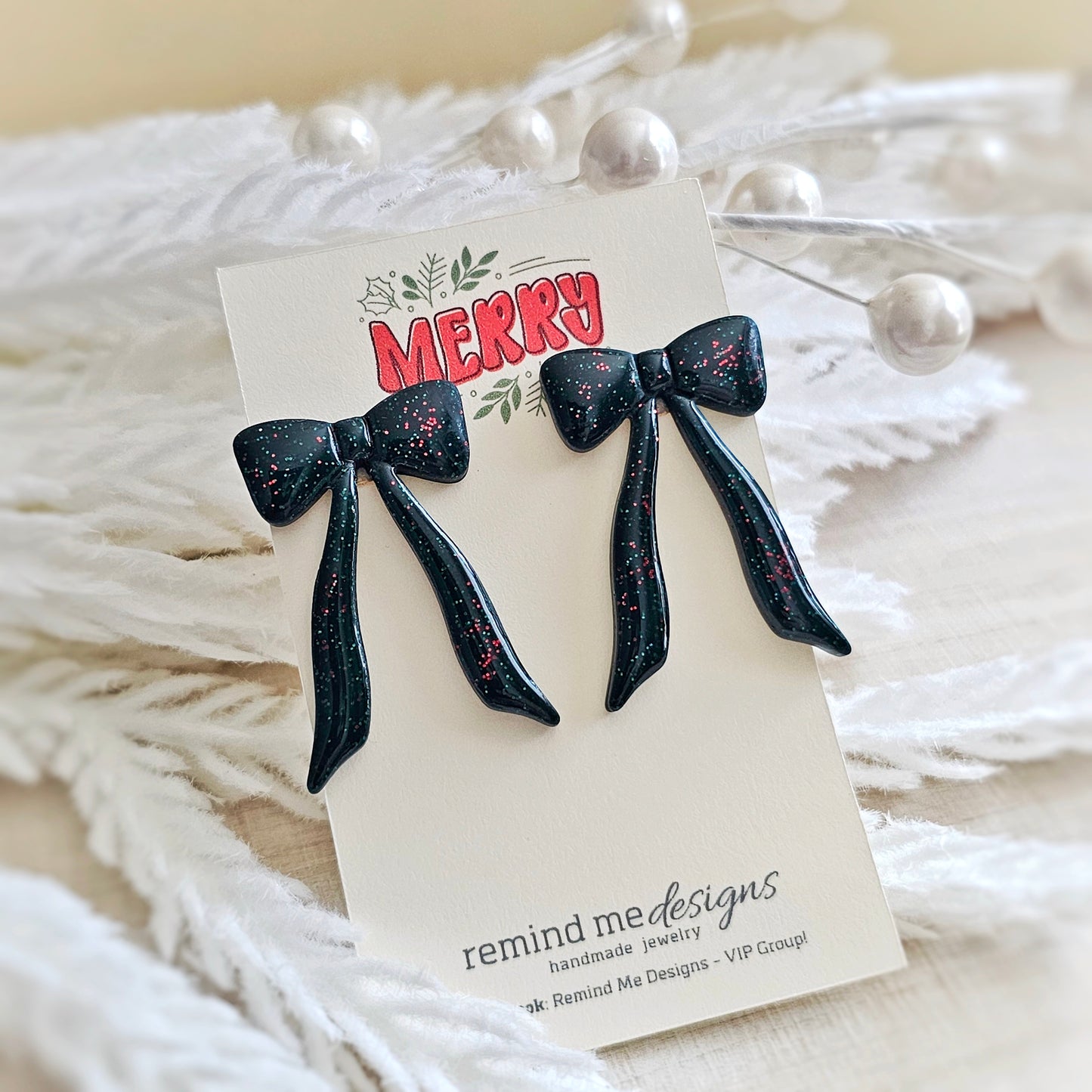Green and Red Glitter Bow Stud Earrings