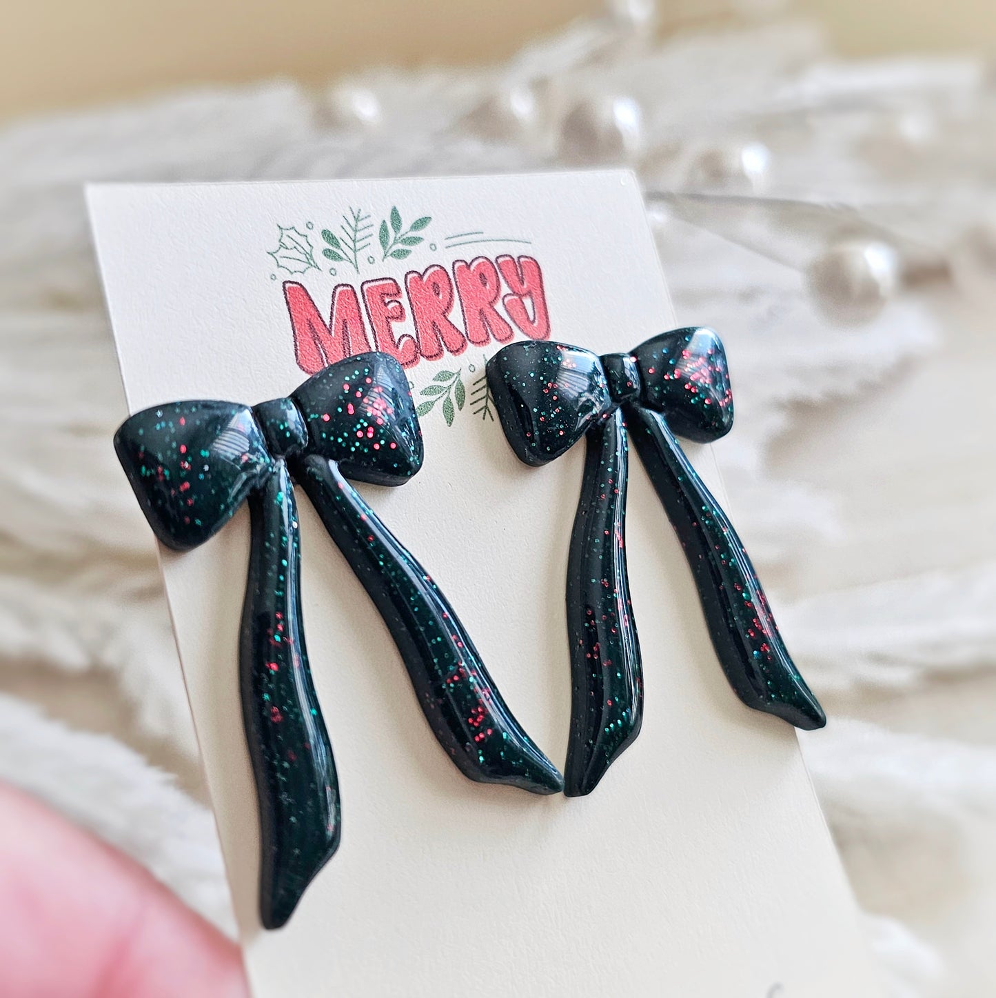 Green and Red Glitter Bow Stud Earrings