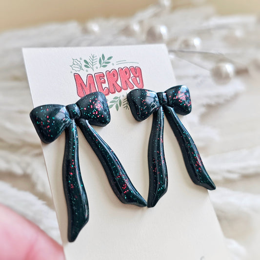 Green and Red Glitter Bow Stud Earrings