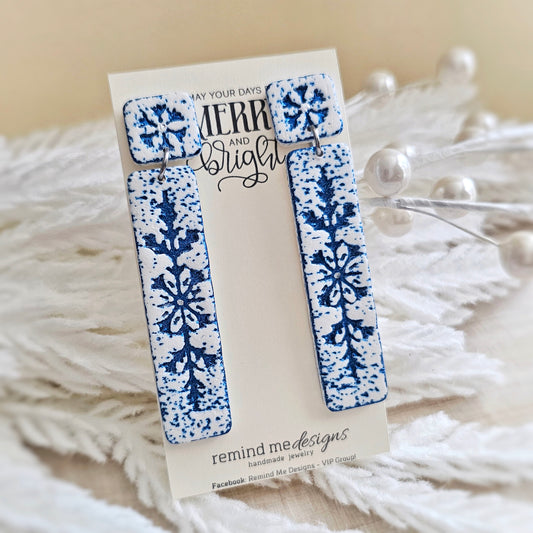 White and Blue Foil Snowflake Dangle Earrings