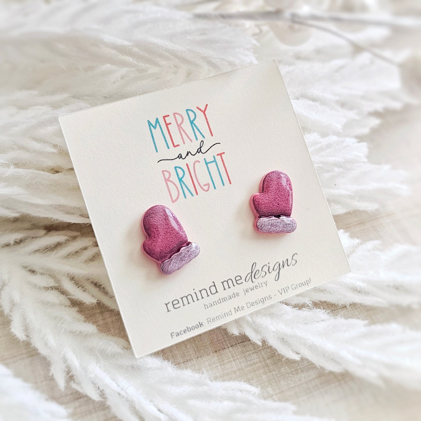 Pink and Silver Mittens Stud Earrings
