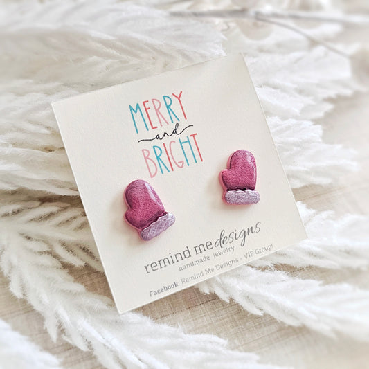 Pink and Silver Mittens Stud Earrings