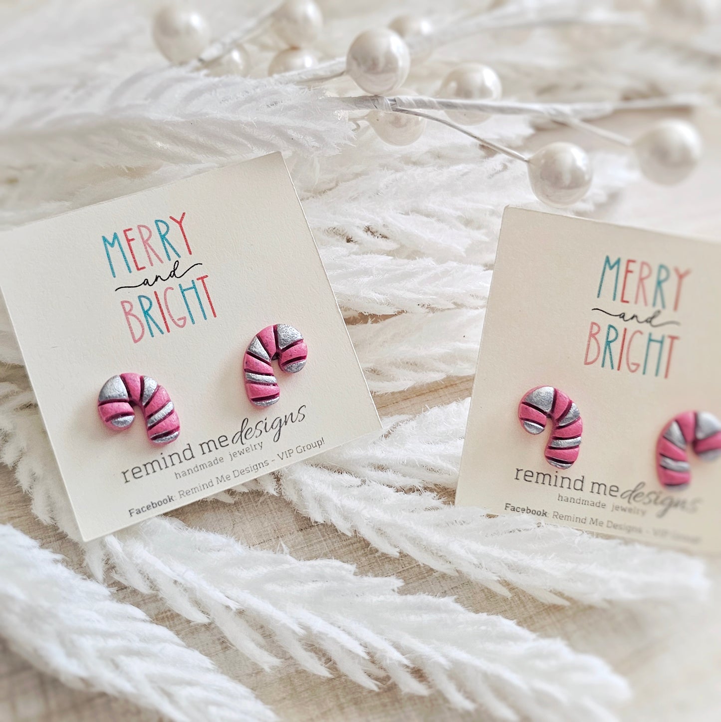 Pink and Silver Candy Cane Stud Earrings