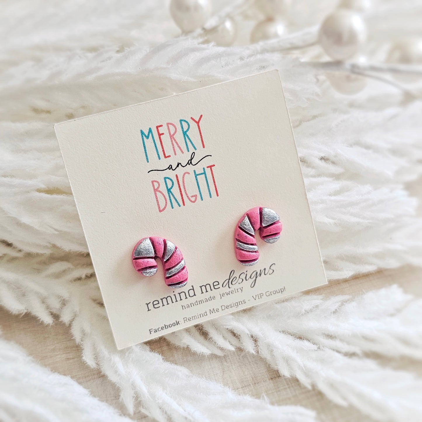 Pink and Silver Candy Cane Stud Earrings