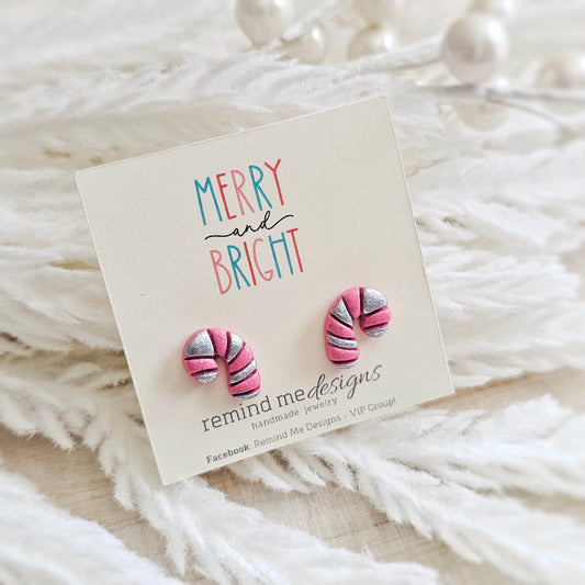 Pink and Silver Candy Cane Stud Earrings