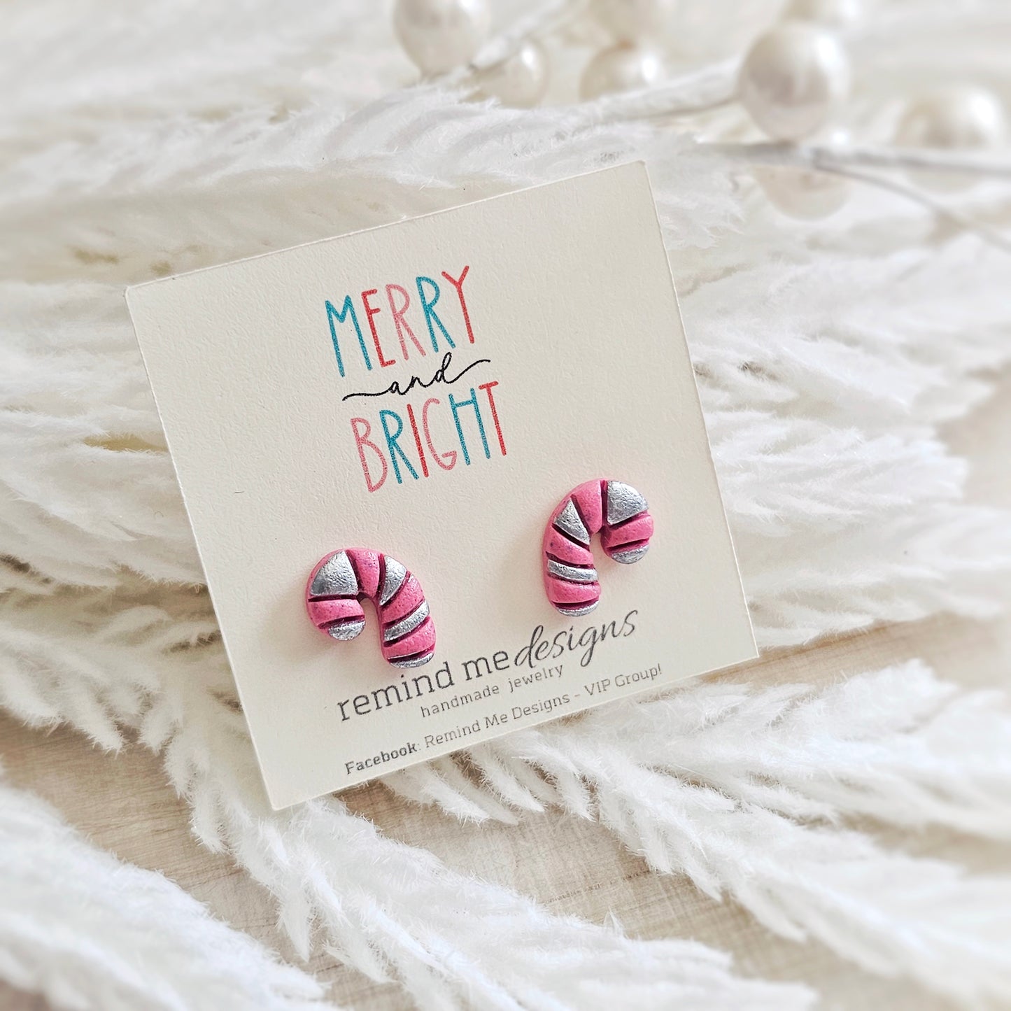 Pink and Silver Candy Cane Stud Earrings