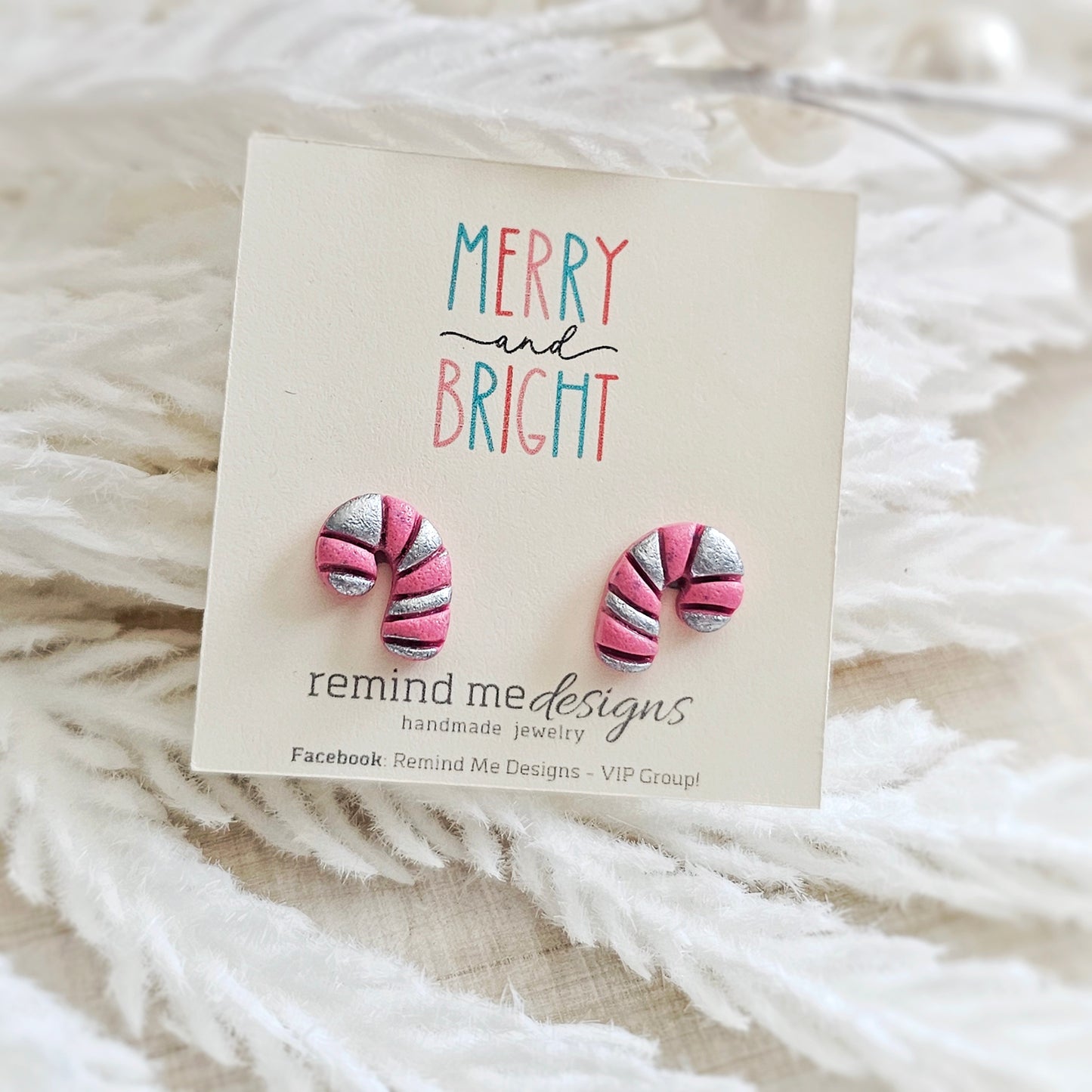 Pink and Silver Candy Cane Stud Earrings
