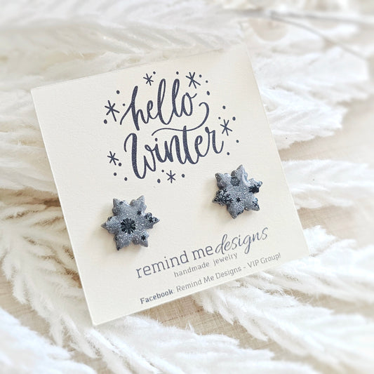 Silver and Black Snowflake Stud Earrings