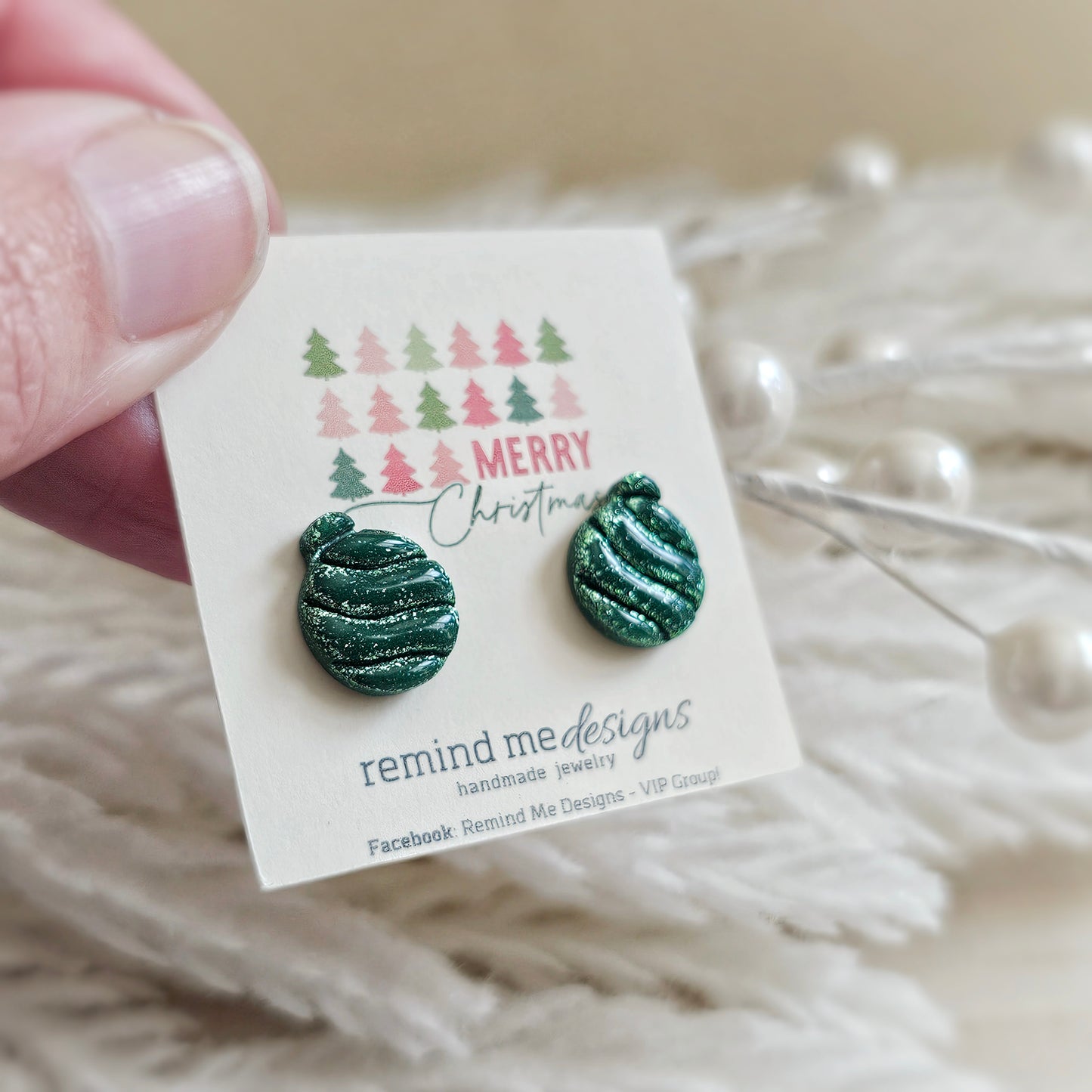 Green Christmas Ornament Stud Earrings