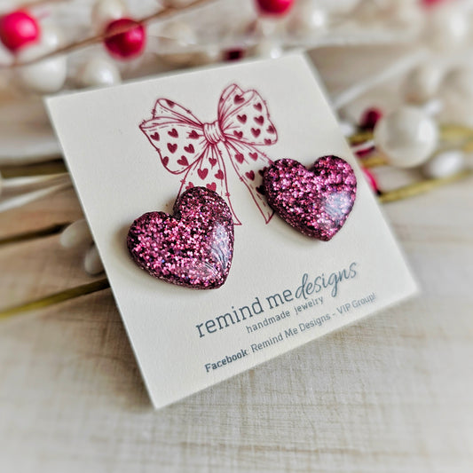 Burgandy Plum Glitter Heart Valentine's Clay Studs