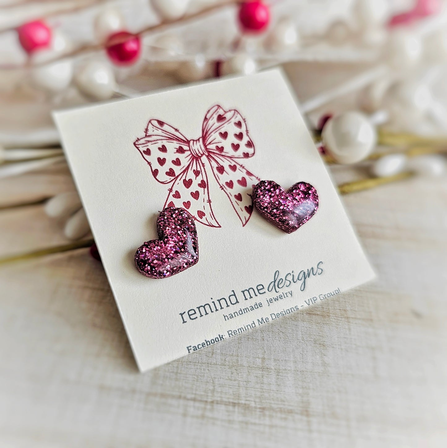 Burgandy Plum Glitter Heart Valentine's Clay Studs