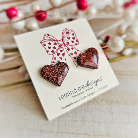 Brown Glitter Heart Valentine's Clay Studs