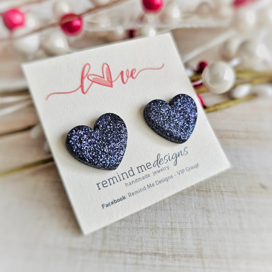 Glitter Deep Navy Heart Valentine's Clay Studs