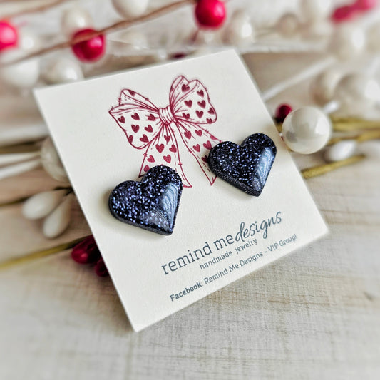 Glitter Deep Navy Heart Valentine's Clay Studs