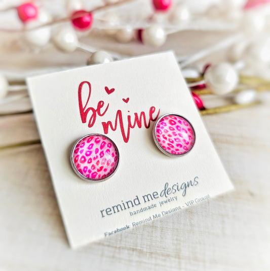 Pink Leopard Print Valentine's Glass Cabochon Studs