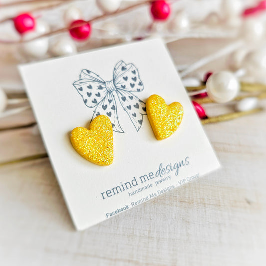 Yellow Glitter Heart Valentine's Clay Studs