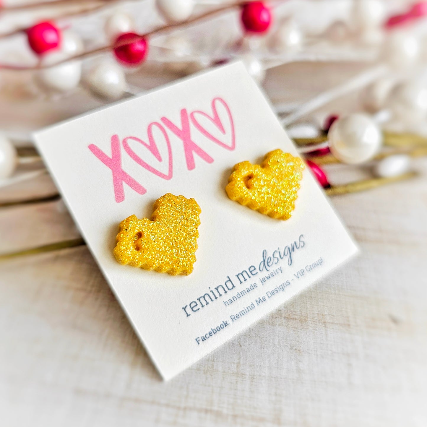 Yellow Glitter Pixeled Heart Valentine's Clay Studs