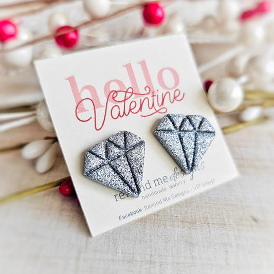 Holographic Silver Glitter Diamond Valentine's Clay Studs