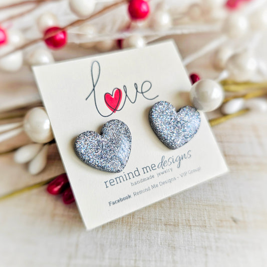 Holographic Silver Heart Valentine's Clay Studs